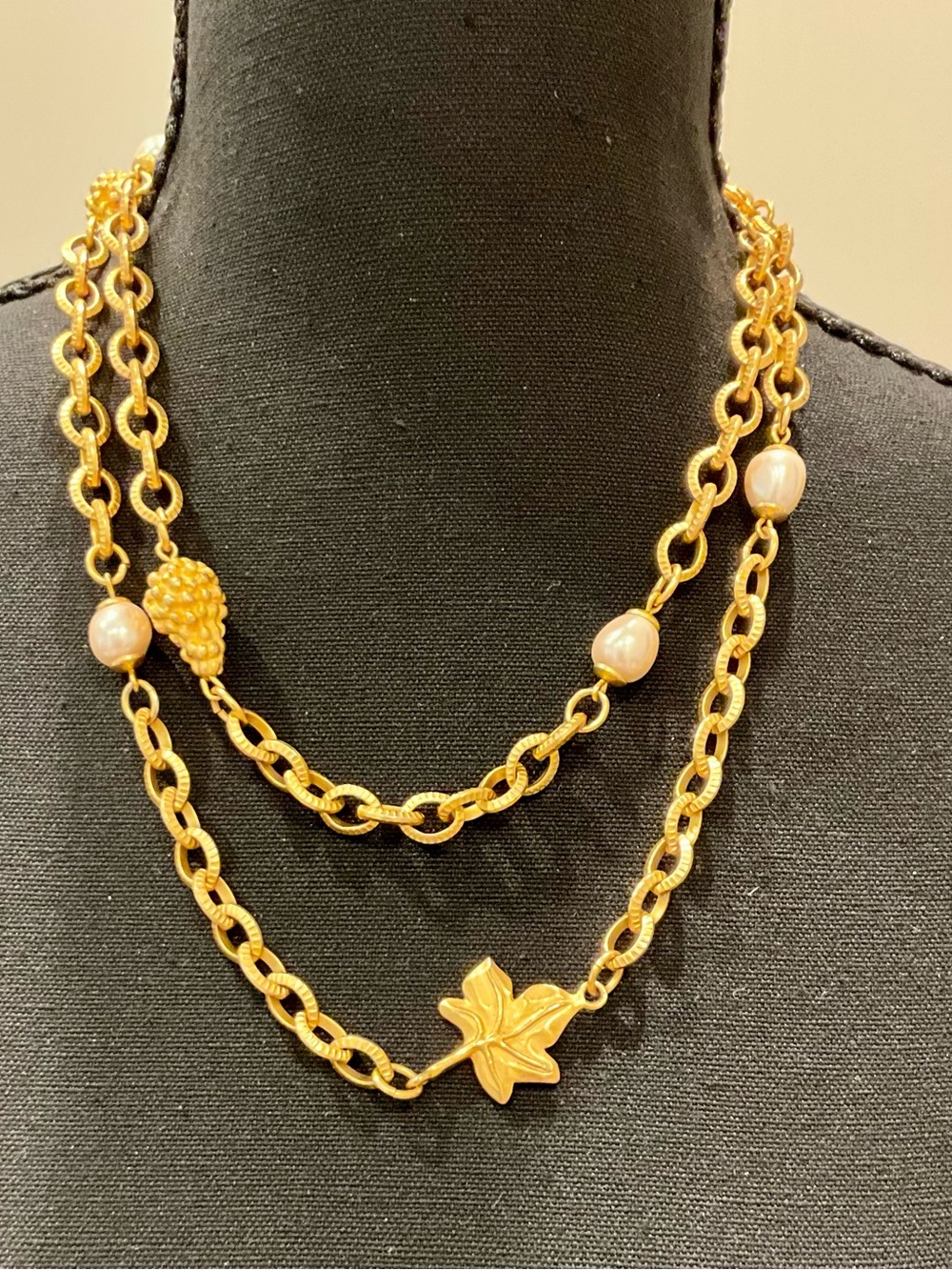 Givenchy 42” Long Autumnal Gold Tone Necklace With Faux Pearls And Leaves
